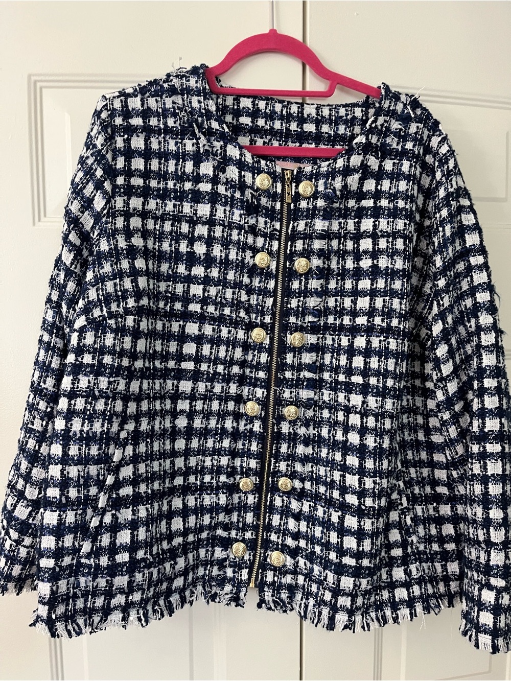 Belle by Kim Gravel 1X Navy and White Tweed Frayed Hem Blazer